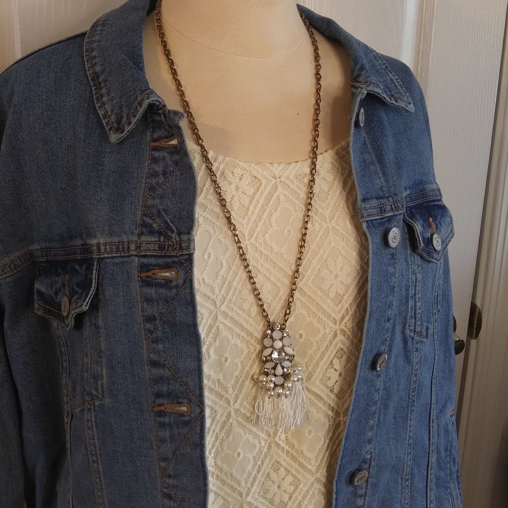 Sparkly Gem White Silky Tassel Long Necklace | New
